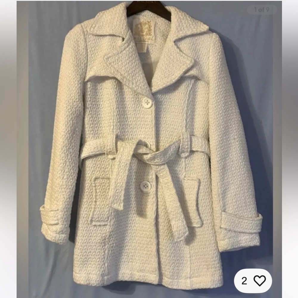Wet Seal Cream Pea Coat with Textured Fabric and Belted Waist